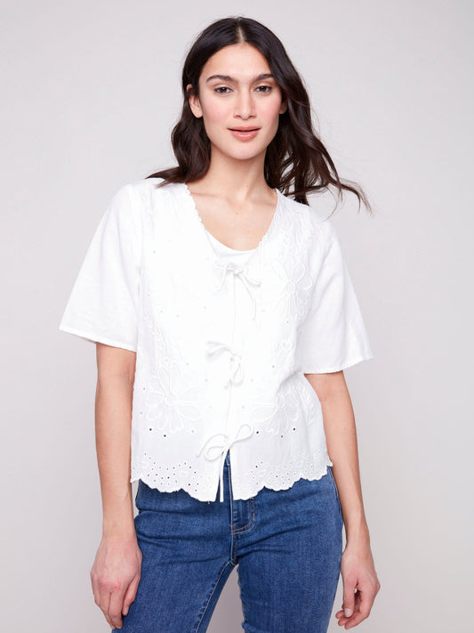 Eyelet Embroidery V-Neck Blouse with Front Ties - White