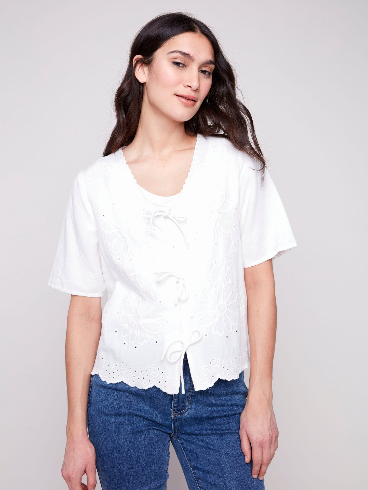 Eyelet Embroidery V-Neck Blouse with Front Ties - White