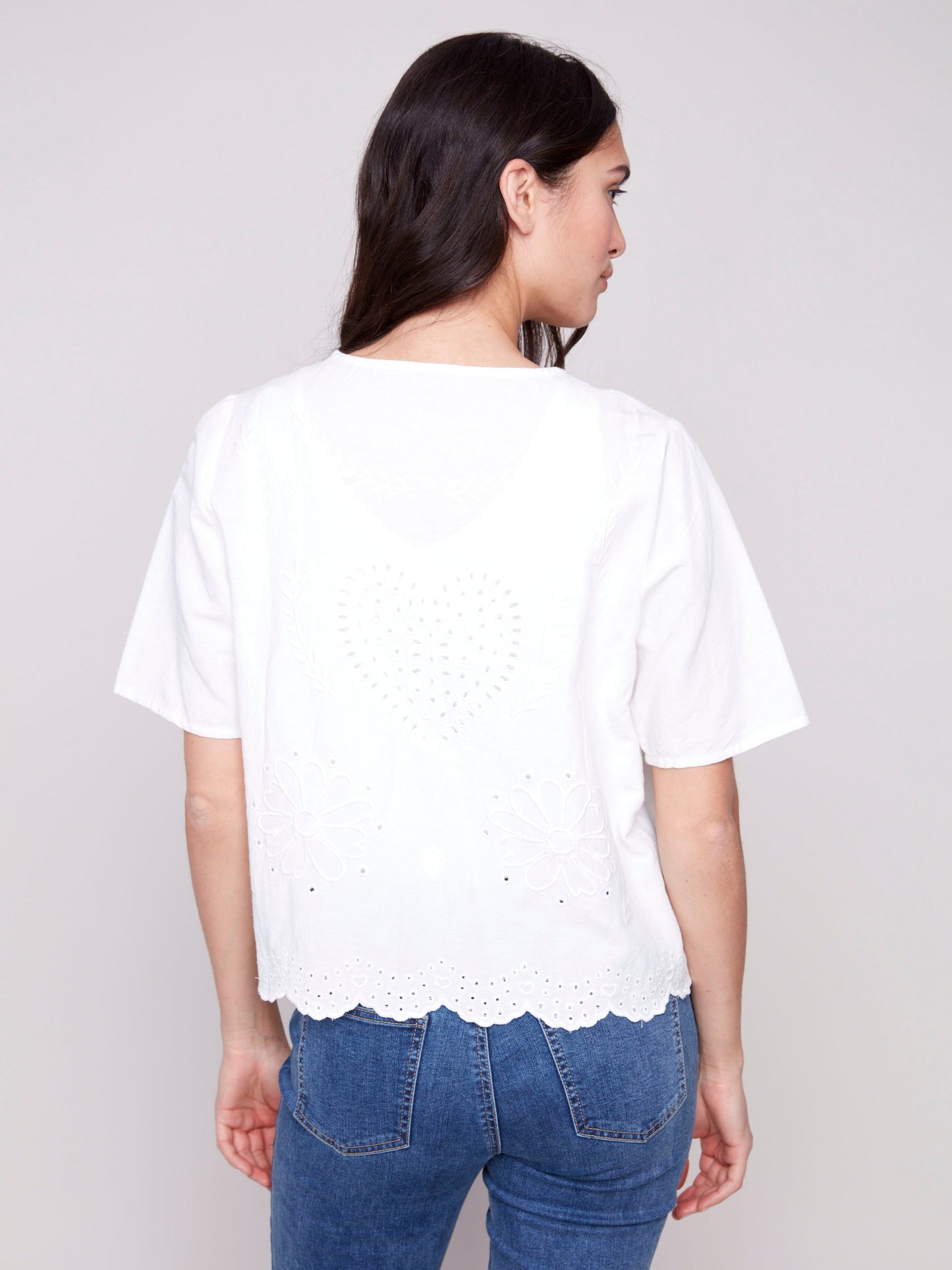 Eyelet Embroidery V-Neck Blouse with Front Ties - White