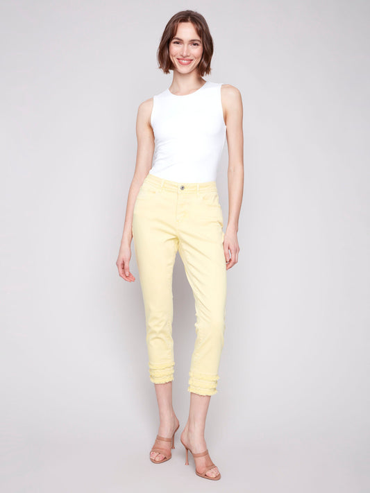 Frayed Hem Cropped Twill Pants - Lemonade