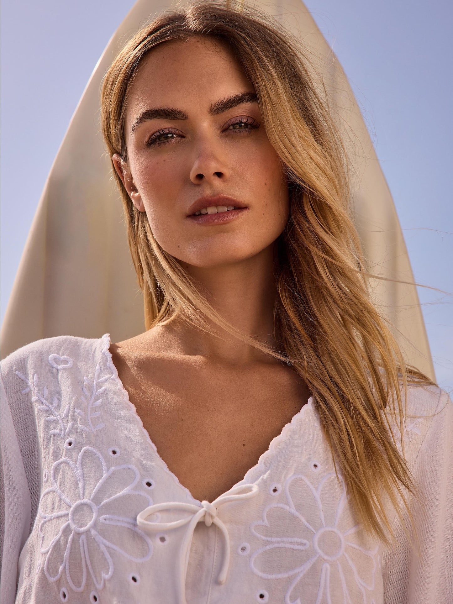 Eyelet Embroidery V-Neck Blouse with Front Ties - White