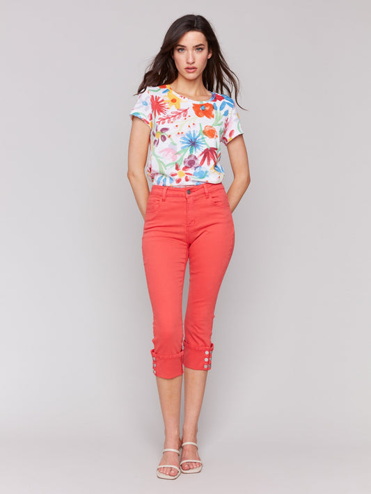 Cropped Twill Jeans with Snap Button Cuff Detail - Fiesta