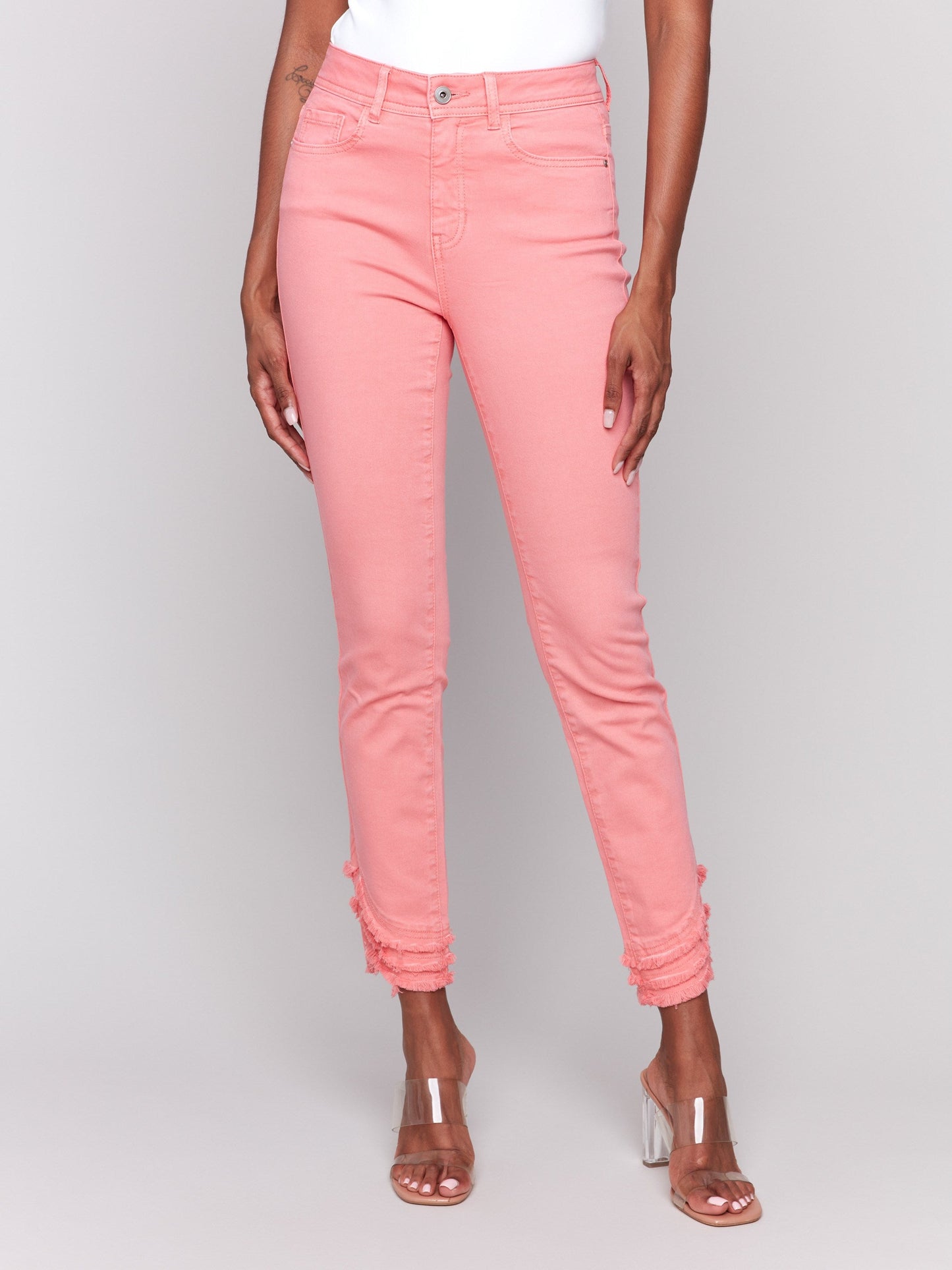 Frayed Hem Twill Pants - Watermelon