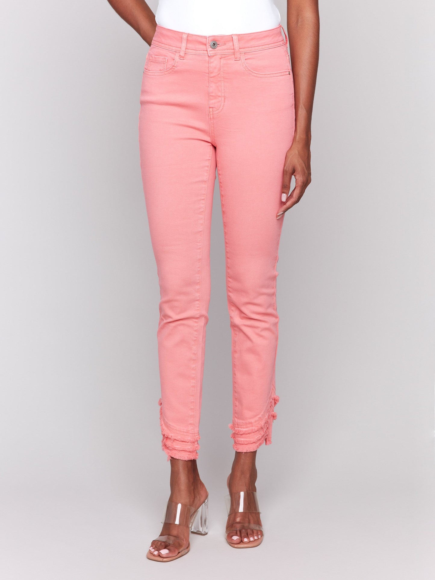 Frayed Hem Twill Pants - Watermelon