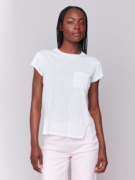 Organic Cotton Cap Sleeve T-Shirt with Slit Detail - White