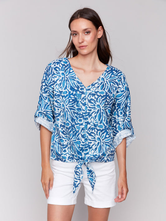 Printed 3/4 Sleeve Top with Front Tie - Reef